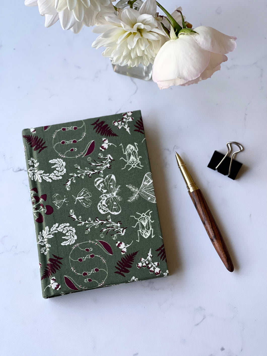Notebook A6 Green, Floral and Butterflies Fabric Handmade