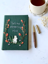 Load image into Gallery viewer, Notebook Green with Bunny and Floral Wreath Embroidery Fabric Handmade

