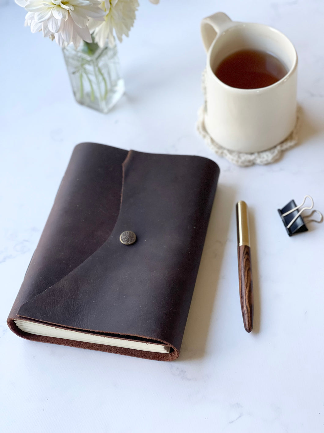 Notebook Brown Leather Curved Cover with Button Handmade