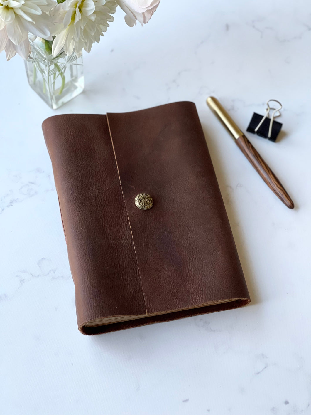 Notebook Brown Leather Straight Cut Cover with Button Handmade