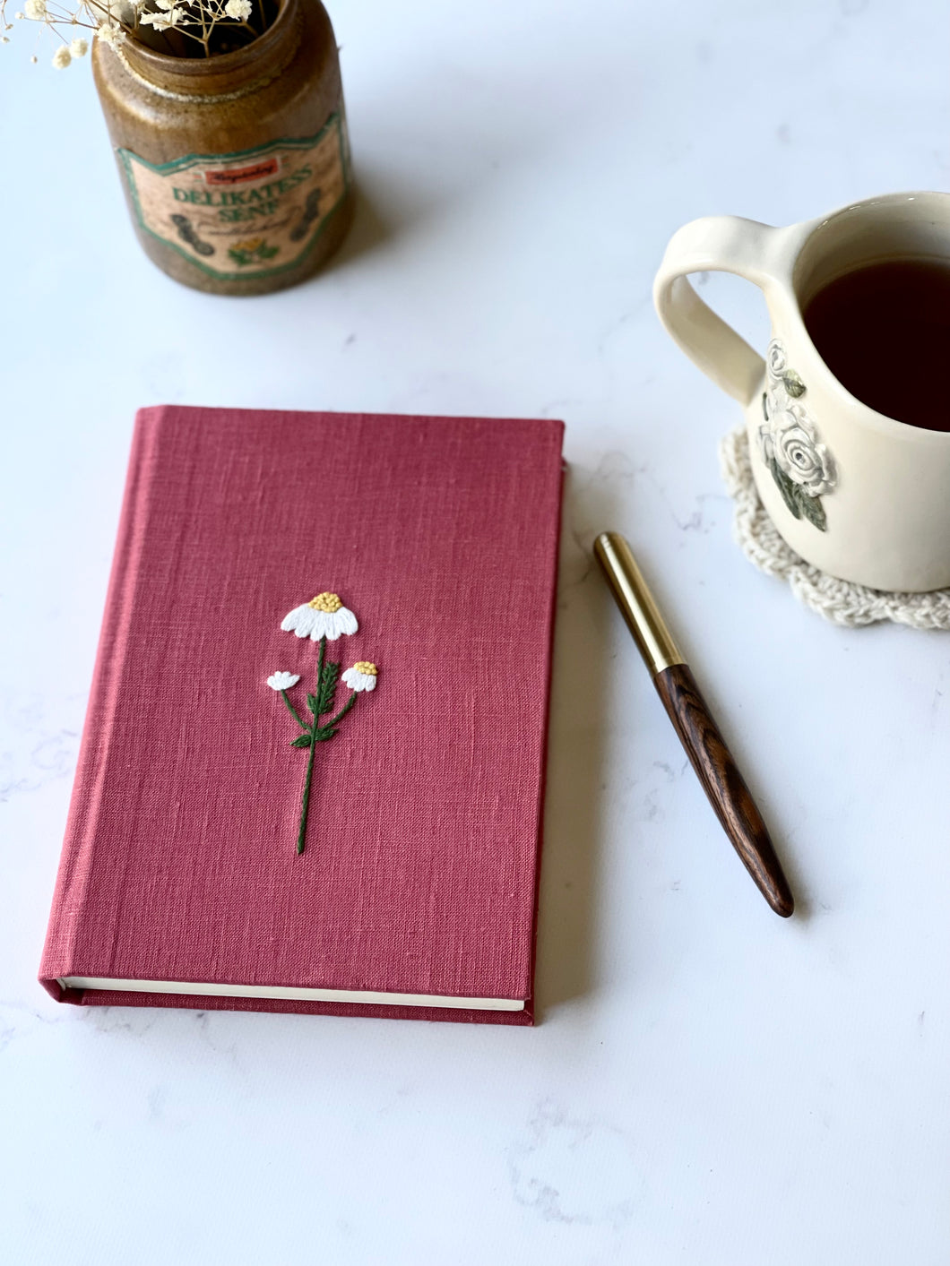 Notebook Raspberry with Daisy Embroidery Fabric Handmade